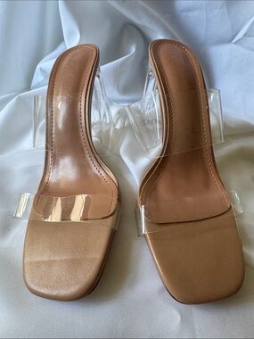 Clear Strap Tan Slide Sandals